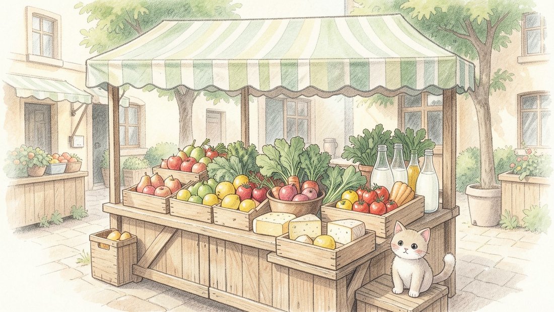Étal de marché ensoleillé avec paniers de fruits, légumes et produits frais